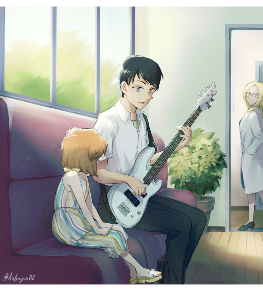 1boy, 2girls, aged_down, astrayin, bare_arms, bare_shoulders, black_hair, brown_hair