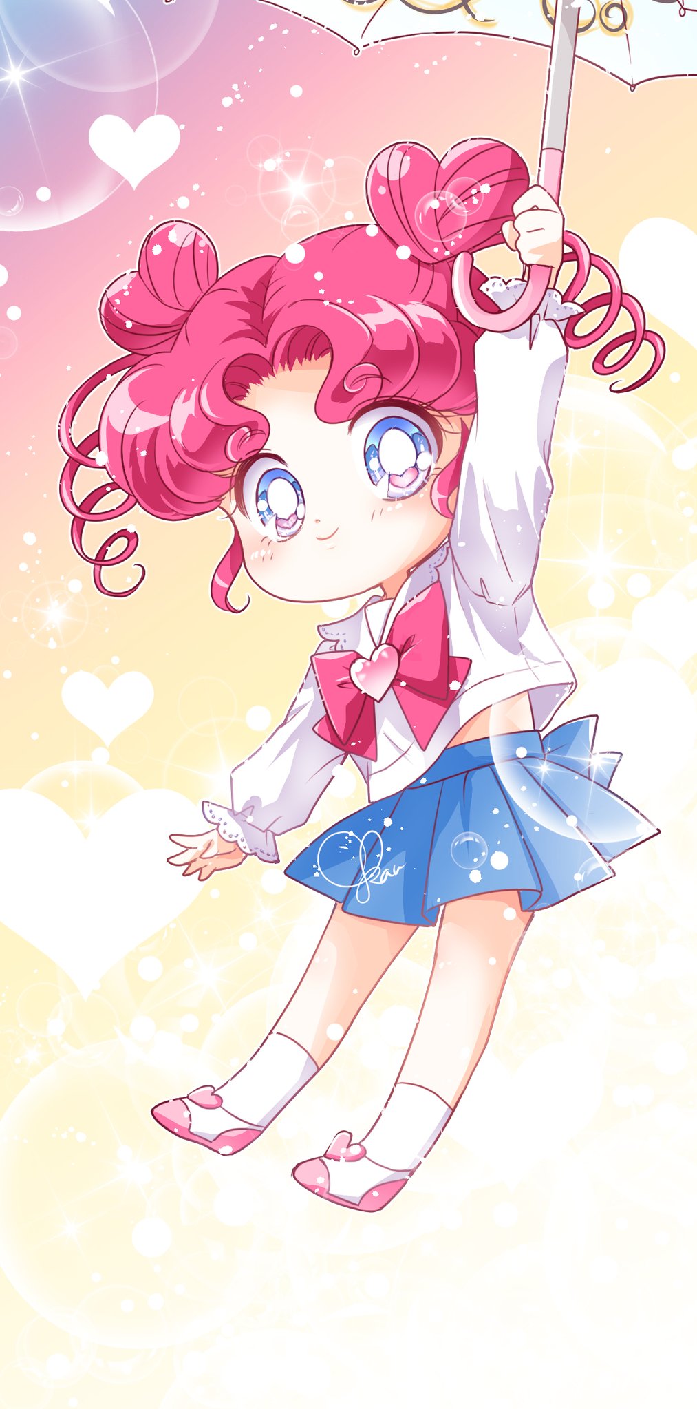 1girl, bishoujo_senshi_sailor_moon, blue_eyes, blue_skirt, brooch, chibi_chibi, curly_hair, double_bun