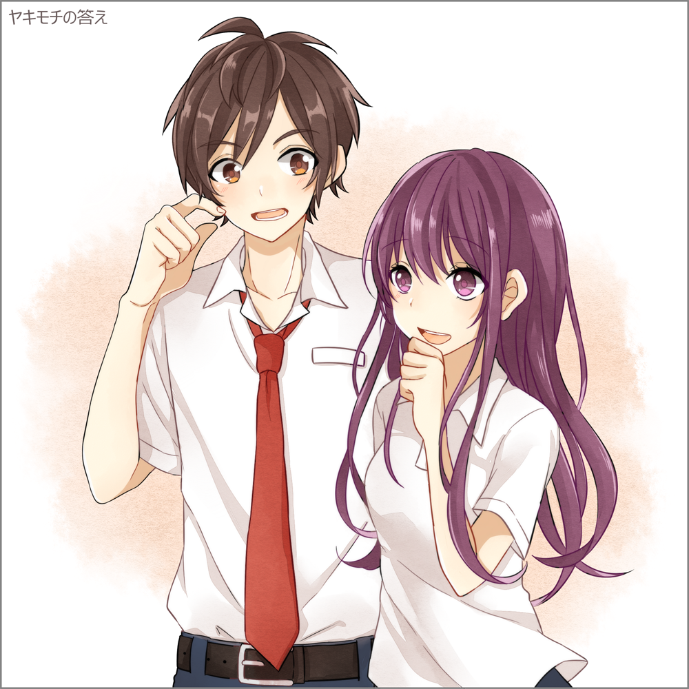1boy, 1girl, belt, belt_buckle, black_belt, black_hair, blue_pants, blue_skirt