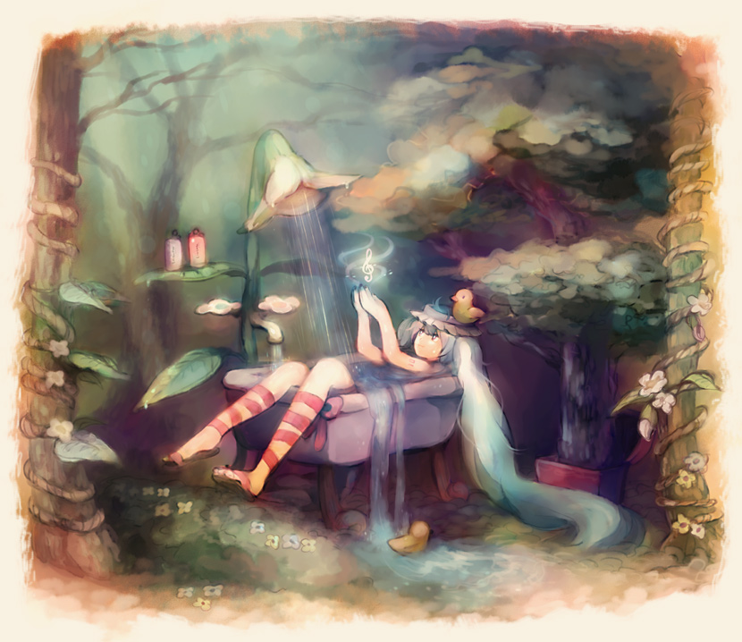 031103, bathtub, flower, forest, hatsune_miku, nature, oru_(hone_oru), rubber_duck, sandals, shower, tree, twintails, vocaloid, water