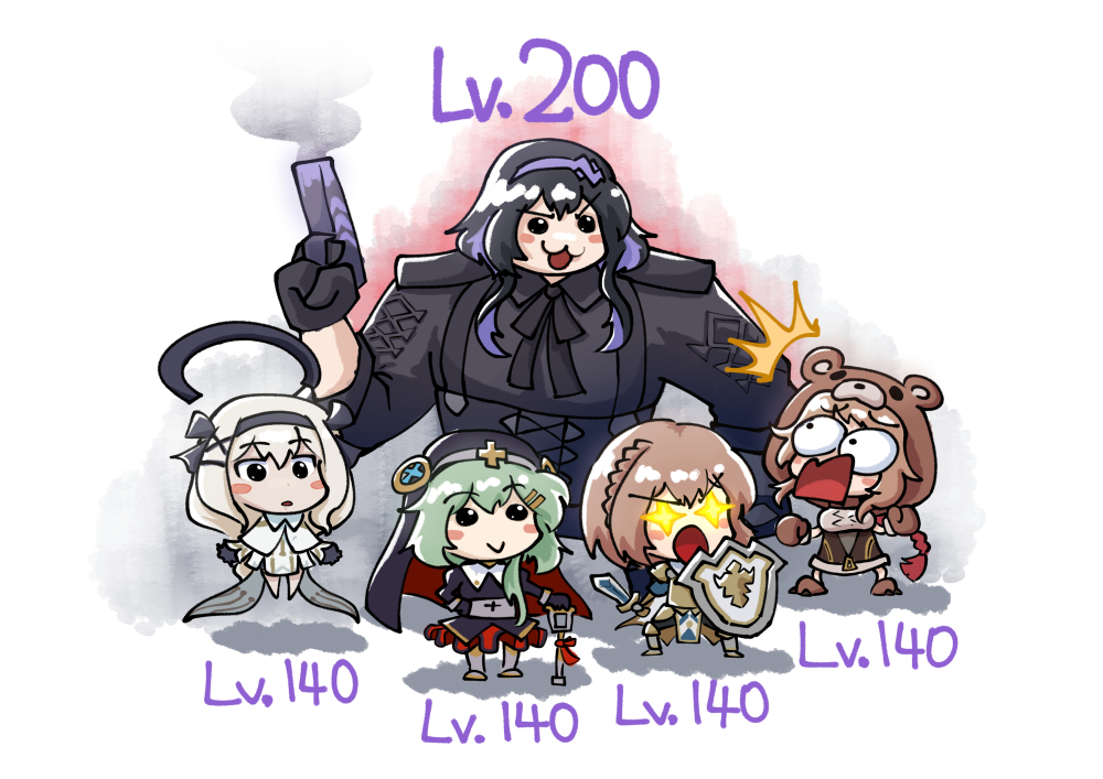 5girls, :3, :o, animal_costume, animal_hood, armor, aura, bear_costume