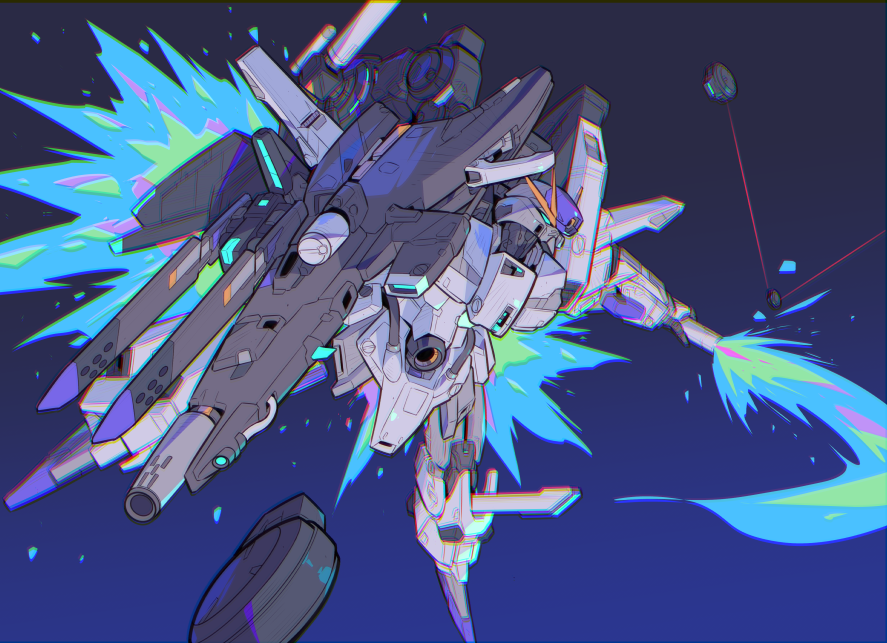 beam_saber, blue_background, commentary, energy_gun, energy_sword, energy_weapon, fazz_(gundam), flying