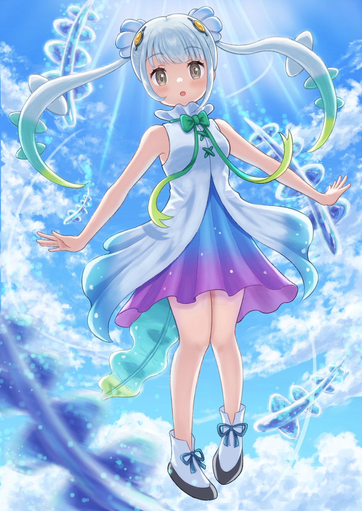 1girl, asama_fumi, bare_shoulders, blue_dress, blue_hair, blush, boots, clouds