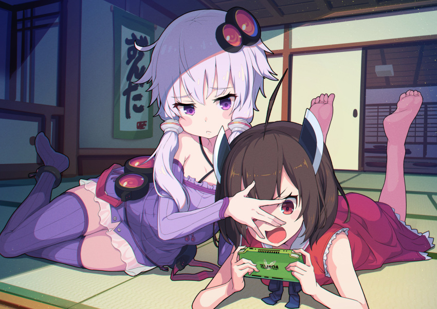 2girls, :<, ahoge, architecture, barefoot, blush_stickers, brown_hair, commentary_request