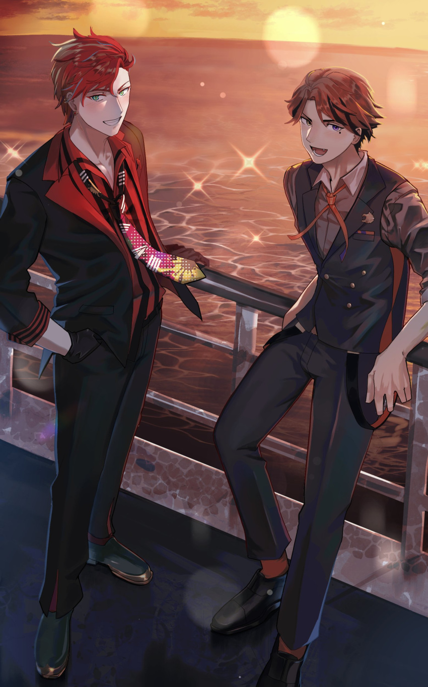 2boys, :d, absurdres, against_railing, aqua_eyes, black_footwear, black_gloves, black_hair