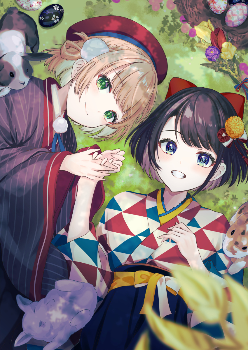 2girls, absurdres, animal, beret, black_hair, blonde_hair, blue_eyes, blue_hakama