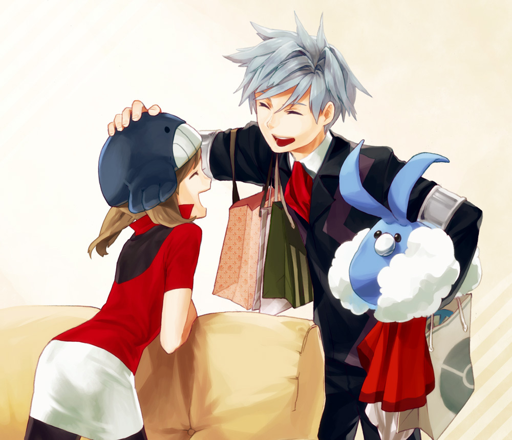 bag, brown_hair, closed_eyes, couch, happy, haruka_(pokemon), hat, leaning_forward, open_mouth, petting, pokemon, pokemon_(game), pokemon_rse, popped_collar, short_hair, short_sleeves, silver_hair, smile, swablu, themed_object, tsuwabuki_daigo, wailmer, wailmer_(cameo), white_beak