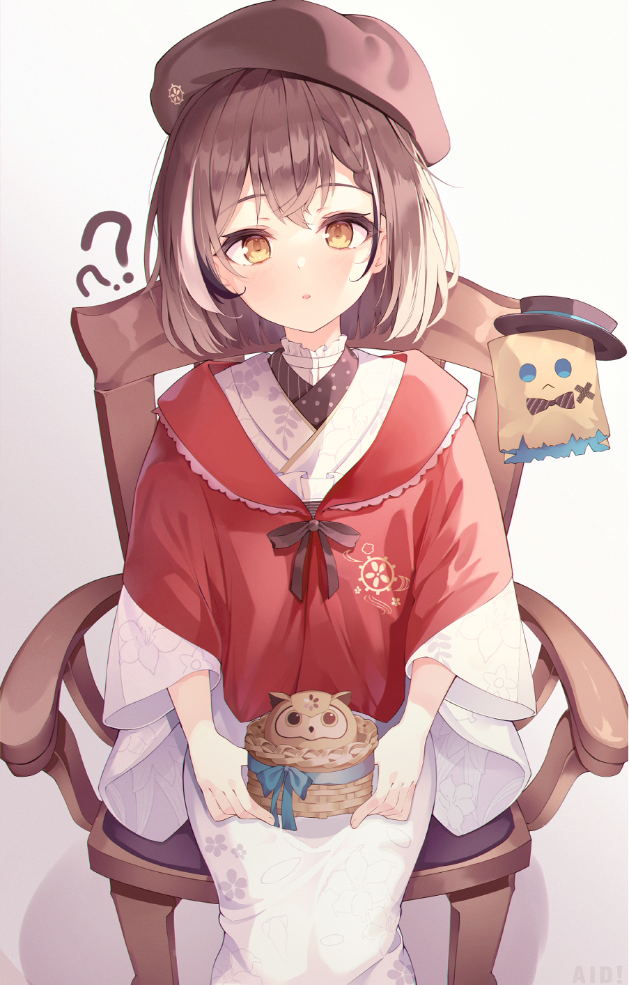 1girl, :o, ?, ??, aid!, basket, beret, bird, bow, bowtie, braid, brown_eyes, brown_footwear, brown_hair, capelet, embroidery, floral_print, friend_(nanashi_mumei), furisode, hat, highres, hololive, hololive_english, hootsie_(nanashi_mumei), japanese_clothes, kimono, multicolored_hair, nanashi_mumei, nanashi_mumei_(2nd_costume), official_alternate_costume, official_alternate_hair_length, official_alternate_hairstyle, owl, print_kimono, red_capelet, red_shawl, ribbon, shawl, short_hair, sitting, solo, streaked_hair, top_hat, virtual_youtuber, white_kimono, wide_sleeves, wooden_chair