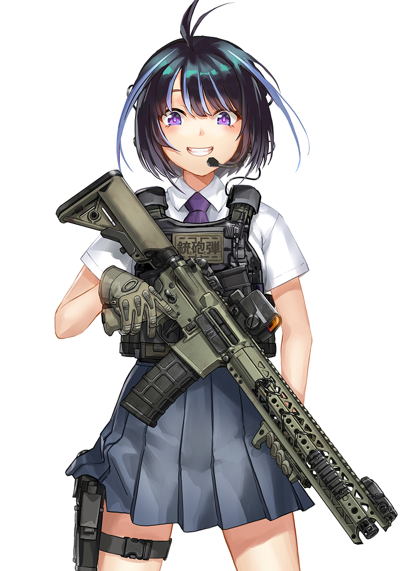 1girl, assault_rifle, black_hair, blue_eyes, blue_skirt, chest_rig, gloves, green_gloves
