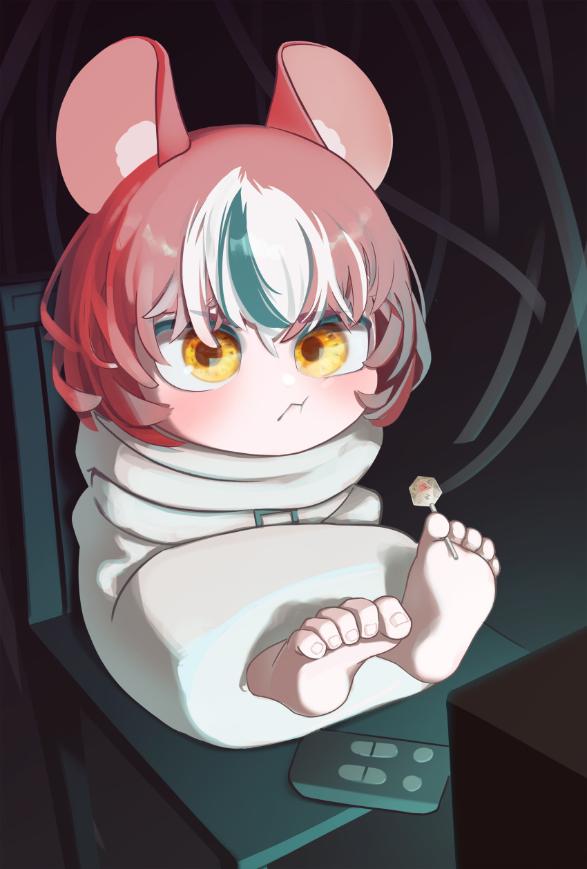 1girl, absurdres, animal_ears, appleblossomtea, black_hair, closed_mouth, controller, dice