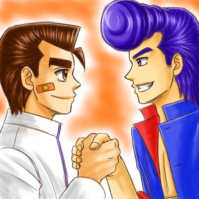 2boys, bandaid, blue_eyes, blue_hair, brown_eyes, brown_hair, kunio-kun, kunio-kun_series, long_sleeves, looking_at_another, lowres, mayu_fuka1031, multiple_boys, riki_(kunio-kun), school_uniform, smile