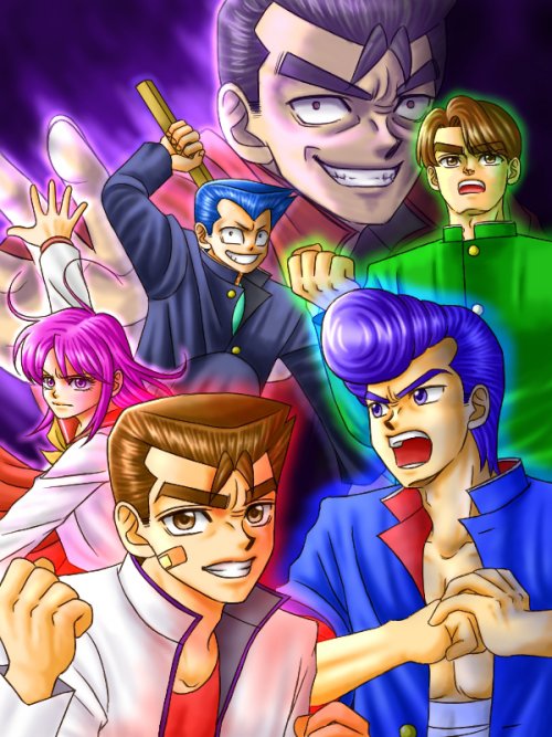 1girl, 5boys, bandaid, blue_eyes, blue_hair, brown_eyes, brown_hair, godai_(kunio-kun)