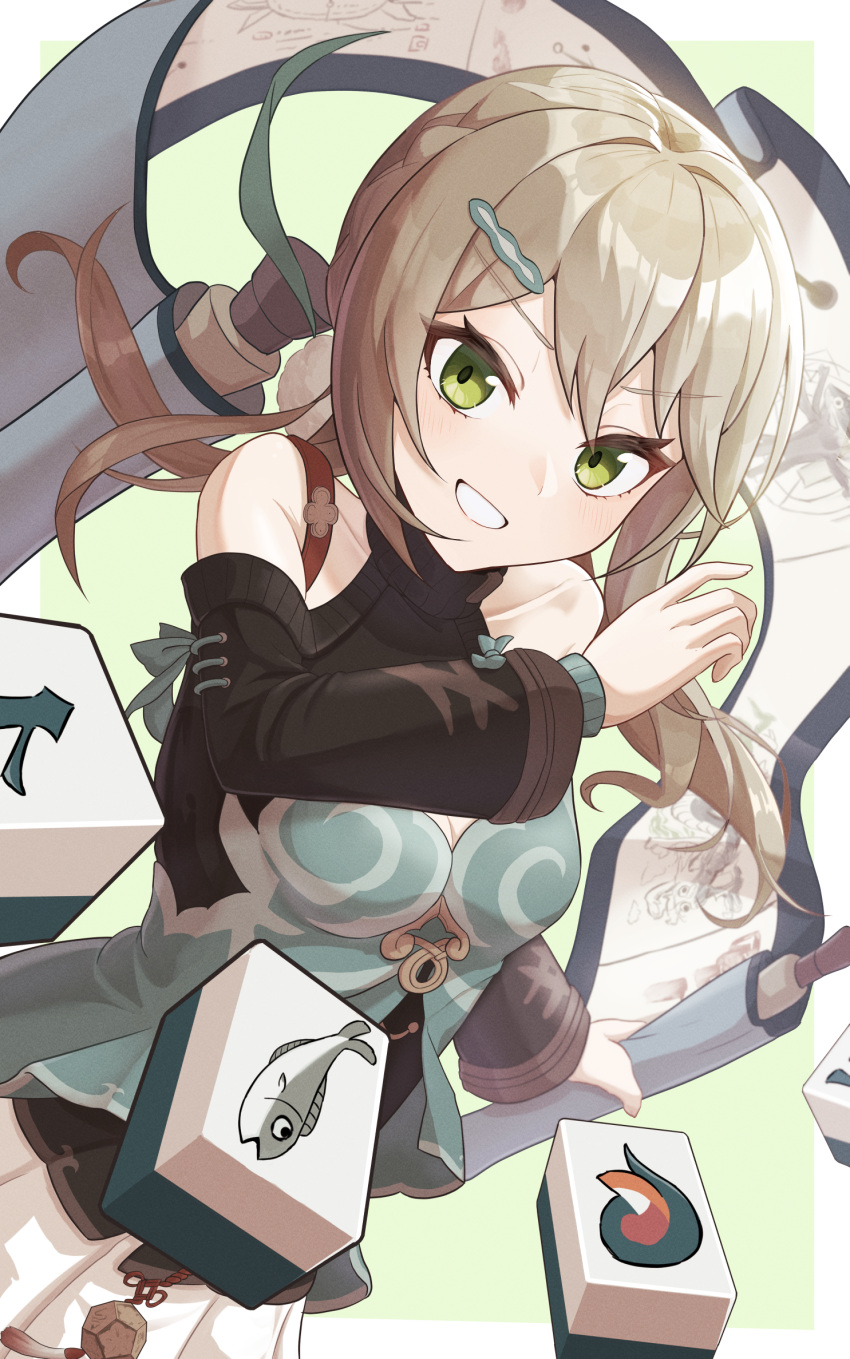 1girl, bare_shoulders, black_sleeves, blonde_hair, breasts, facing_viewer, green_eyes, grin