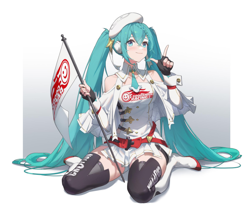1girl, black_gloves, black_thighhighs, blue_eyes, blue_hair, blue_necktie, boots, braid, capelet, chinese_commentary, closed_mouth, clothing_cutout, collarbone, commentary, fingerless_gloves, full_body, gloves, goodsmile_racing, hair_between_eyes, hatsune_miku, highres, holding, index_finger_raised, knee_boots, long_hair, meinoss, miniskirt, necktie, pleated_skirt, racing_miku, racing_miku_(2023), short_necktie, shoulder_cutout, sitting, skirt, smile, solo, thigh-highs, twintails, very_long_hair, vocaloid, wariza, white_capelet, white_footwear, white_headwear, white_skirt, zettai_ryouiki