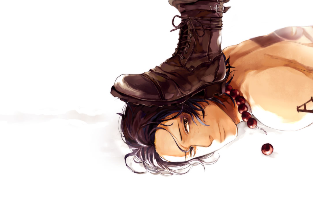 bad_id, cacco, male, one_piece, portgas_d_ace, shirtless, simple_background, solo, white_background, yawa