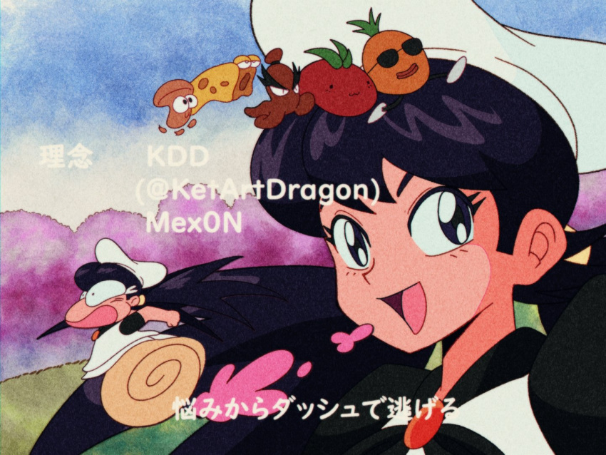 1990s_(style), 1girl, :3, artist_name, black_hair, black_shirt, black_undershirt, borrowed_design