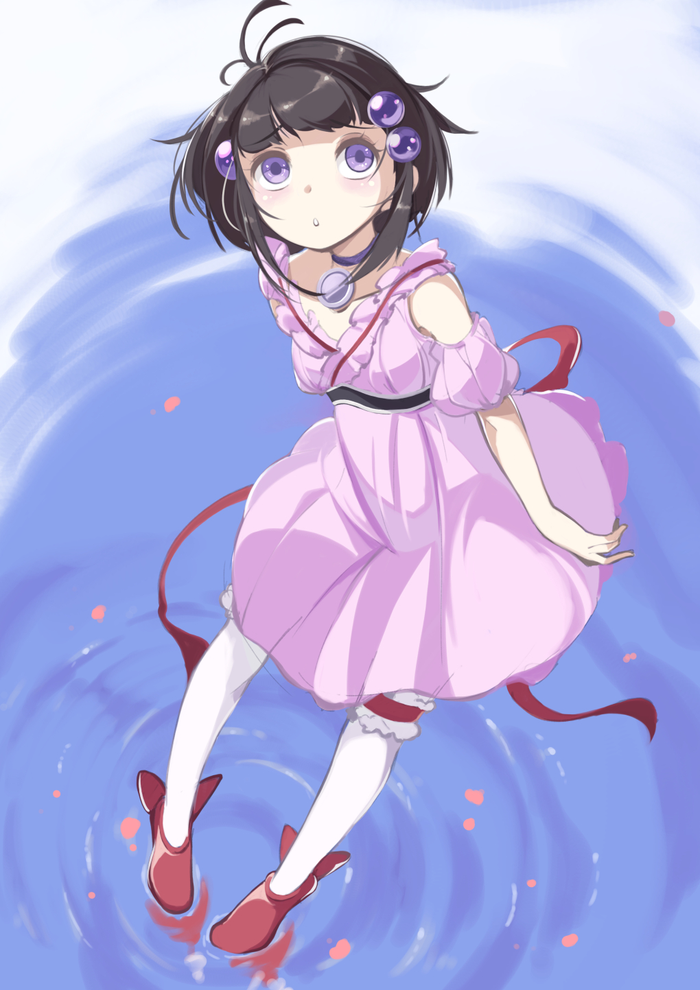 1girl, 34_(sanjushi), brown_hair, choker, dress, full_body, hair_ornament, highres, pantyhose, pink_dress, reala_(tales), short_hair, solo, tales_of_(series), tales_of_destiny_2, very_short_hair, violet_eyes, water