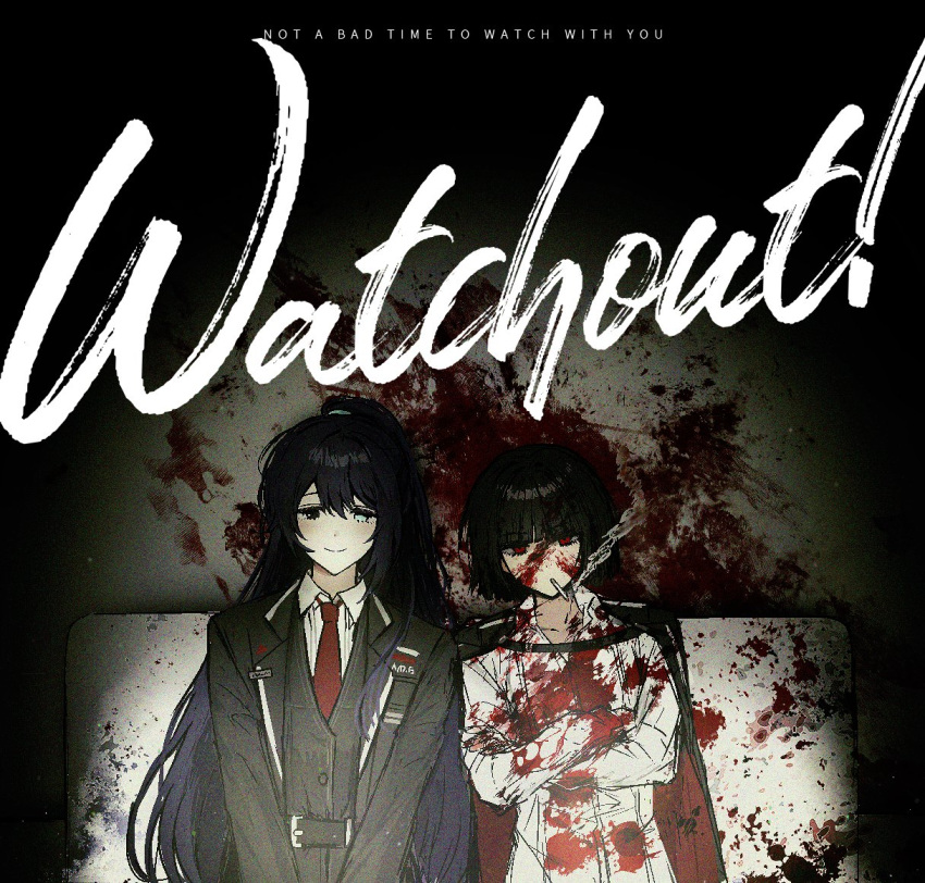 1boy, 1girl, binsusoda, black_coat, black_eyes, black_hair, black_vest, blood