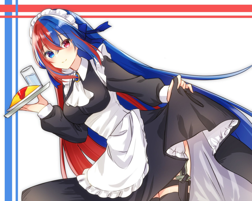 1girl, alear_(female)_(fire_emblem), alear_(fire_emblem), apron, blue_eyes, blue_hair, closed_mouth, dress