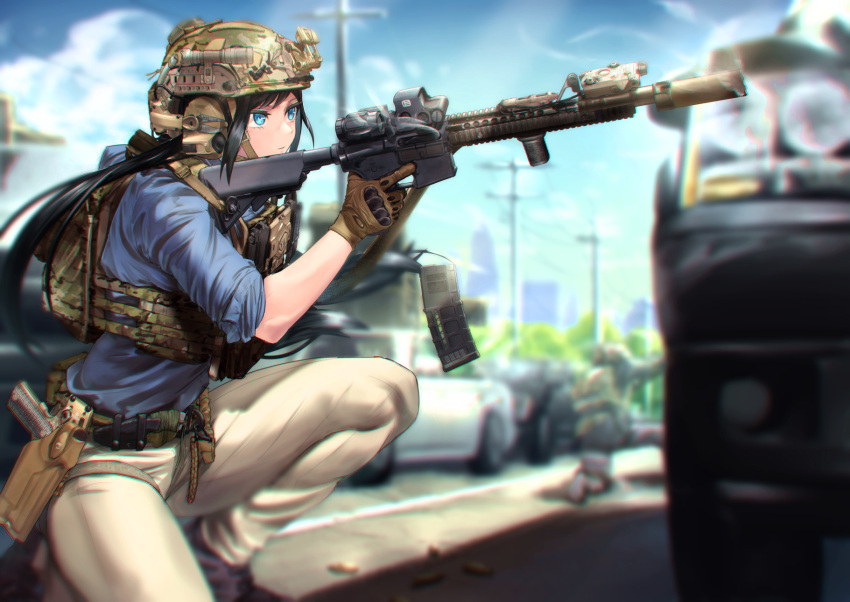 1girl, assault_rifle, belt, black_hair, blue_eyes, blue_shirt, blurry, boots, brown_gloves, chest_rig, clouds, depth_of_field, expressionless, from_side, gloves, gun, handgun, helmet, highres, holster, long_hair, original, pants, reloading, rifle, shell_casing, shirt, smoke, solo, squatting, suppressor, tactical_clothes, thighs, translation_request, utility_pole, utsucan, vest, weapon