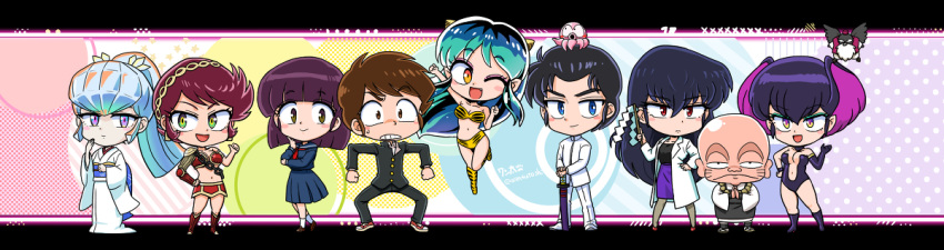 3boys, 6+girls, benten_(urusei_yatsura), cherry_(urusei_yatsura), kurama_(urusei_yatsura), looking_at_viewer, lum, mendou_shuutarou