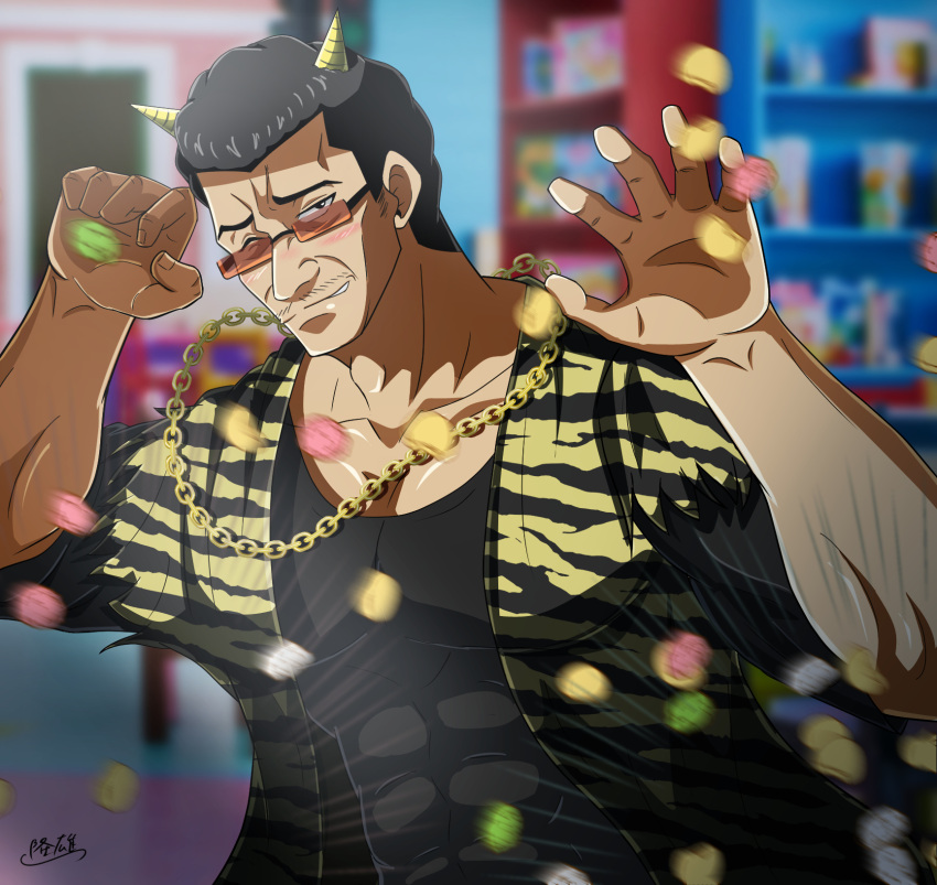 1boy, abs, animal_print, black_eyes, black_hair, black_shirt, blurry, blurry_background