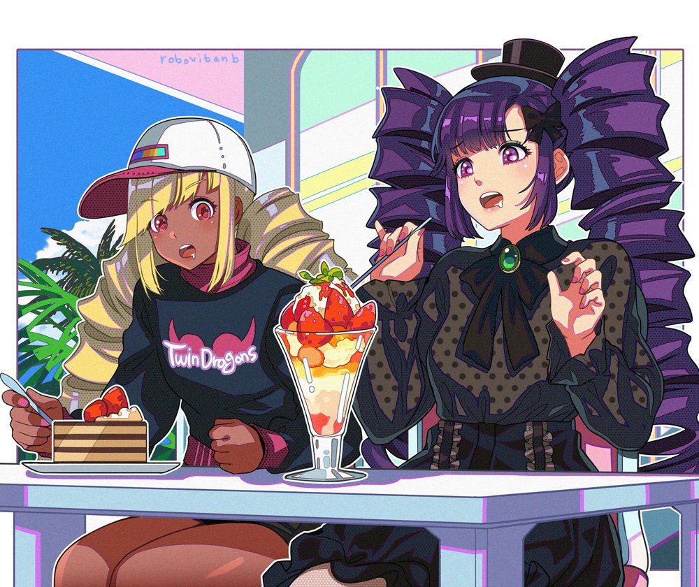2girls, another_eden, black_dress, black_headwear, cake, character_request, clouds, dark-skinned_female