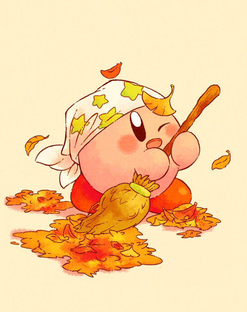 ;d, bandana, blush, broom, cleaning_kirby, commentary_request, copy_ability, falling_leaves