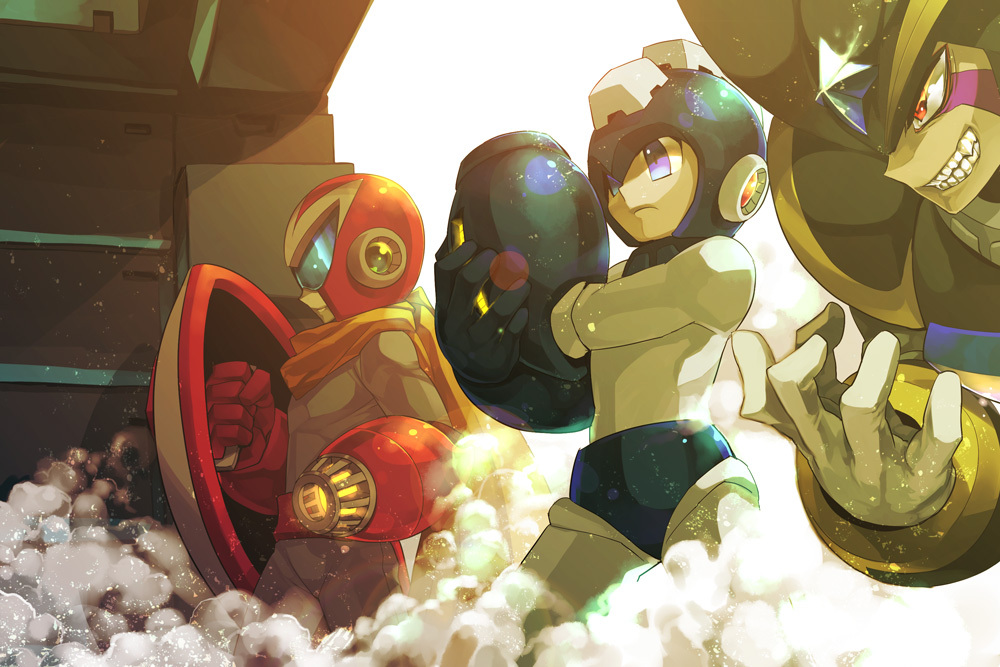 3boys, android, arm_cannon, bass_(mega_man), blues_(rockman), epic, evil_grin, evil_smile