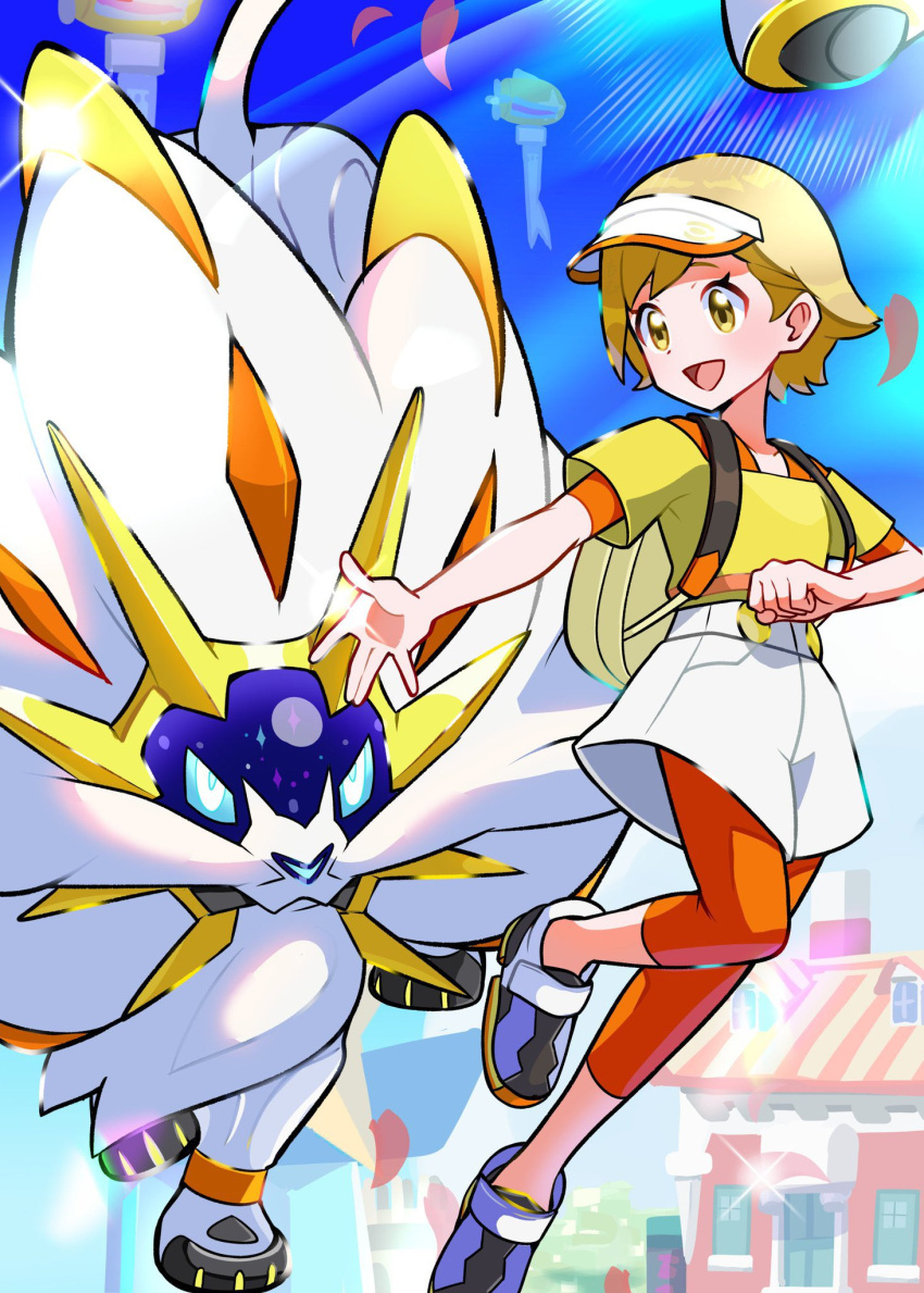 1girl, :d, alternate_color, bettie_(pokemon), blonde_hair, highres, leggings, monaka_mom