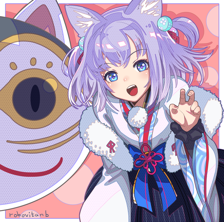 1girl, :d, animal_ears, another_eden, artist_name, blue_eyes, blue_hair, cat_ears