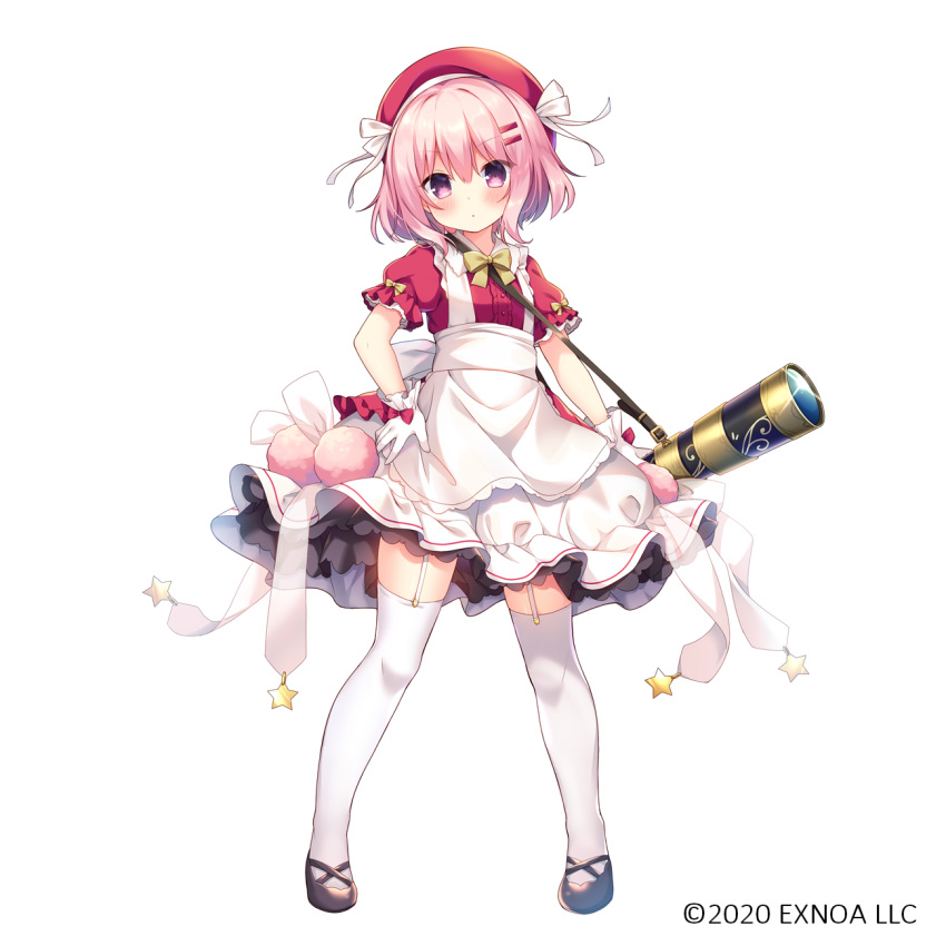 1girl, apron, beret, black_footwear, blush, bow, character_request, closed_mouth