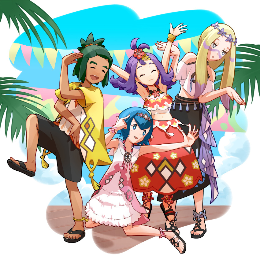 1boy, 3girls, :3, absurdres, acerola_(pokemon), acerola_(sygna_suit)_(pokemon), armpits, arms_up, bare_arms, black_footwear, black_shorts, blonde_hair, blue_hair, bright_pupils, closed_eyes, closed_mouth, coat, commentary_request, dark-skinned_male, dark_skin, eyelashes, ffccll, flower, grey_eyes, hair_flower, hair_ornament, hau_(pokemon), hau_(sygna_suit)_(pokemon), highres, lana_(pokemon), lana_(sygna_suit)_(pokemon), long_hair, looking_down, mina_(pokemon), mina_(sygna_suit)_(pokemon), multiple_girls, navel, official_alternate_costume, parted_lips, pokemon, pokemon_(game), pokemon_masters_ex, purple_hair, red_flower, red_skirt, sandals, shirt, shorts, skirt, smile, topknot, white_pupils, yellow_coat