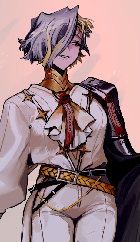 1girl, ascot, belt, black_belt, blonde_hair, gauntlets, grey_eyes, grey_hair