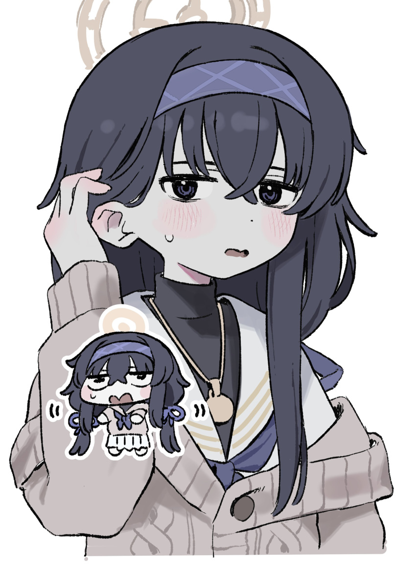 1girl, absurdres, black_eyes, black_hair, black_undershirt, blue_archive, blush, brown_cardigan
