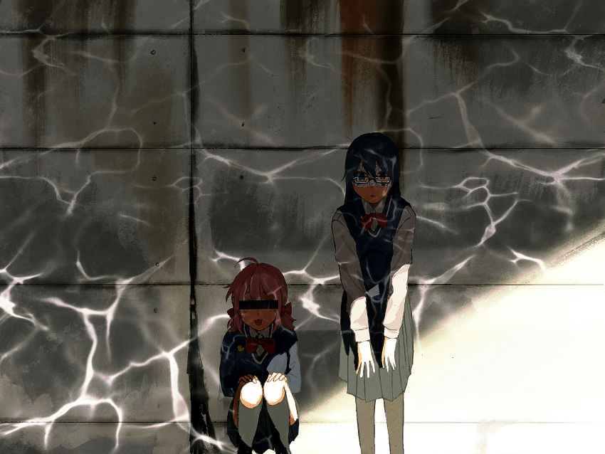 2girls, ahoge, aruko_okara, bar_censor, black_pantyhose, black_skirt, black_socks, blue_cardigan