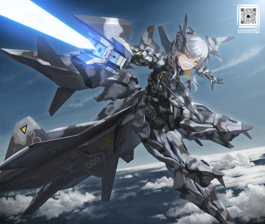 1girl, ace_combat, adf-01_falken, blue_sky, clouds, firing, flying, gun, holding, holding_gun, holding_weapon, long_hair, looking_at_viewer, mecha_musume, multicolored_hair, qr_code, sidelocks, sky, smile, solo, tom-neko_(zamudo_akiyuki), twitter_username, two-tone_hair, weapon, white_hair, yellow_eyes