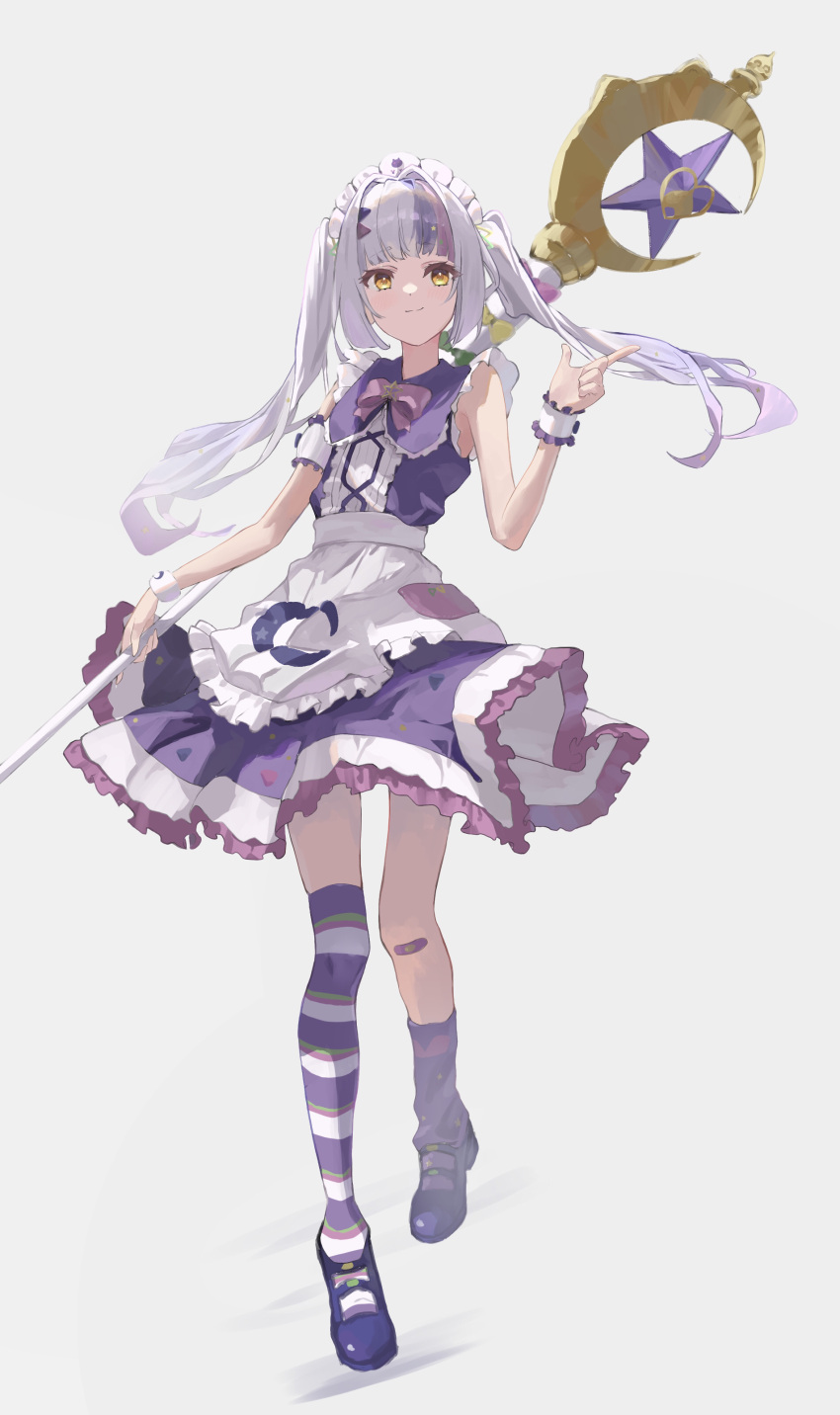 1girl, absurdres, apron, asymmetrical_legwear, bandaid, bandaid_on_knee, bandaid_on_leg, blunt_bangs, bow, bowtie, brooch, closed_mouth, commentary, frilled_apron, frills, full_body, gradient_hair, grey_hair, highres, holding, holding_staff, hololive, index_finger_raised, jewelry, kneehighs, long_hair, looking_at_viewer, loose_socks, magical_girl, maid, maid_headdress, mary_janes, miniskirt, mismatched_legwear, multicolored_hair, murasaki_shion, murasaki_shion_(6th_costume), official_alternate_costume, official_alternate_hairstyle, over-kneehighs, pink_bow, pink_bowtie, pink_hair, purple_footwear, purple_hair, purple_shirt, purple_skirt, purple_socks, purple_thighhighs, rikkusu, shirt, shoes, sidelocks, single_kneehigh, single_loose_sock, single_over-kneehigh, single_sock, single_thighhigh, skirt, skirt_set, sleeveless, sleeveless_shirt, smile, socks, solo, staff, star_brooch, streaked_hair, striped, striped_thighhighs, thigh-highs, triangle_hair_ornament, twintails, uneven_legwear, virtual_youtuber, waist_apron, white_apron, wrist_cuffs, yellow_eyes