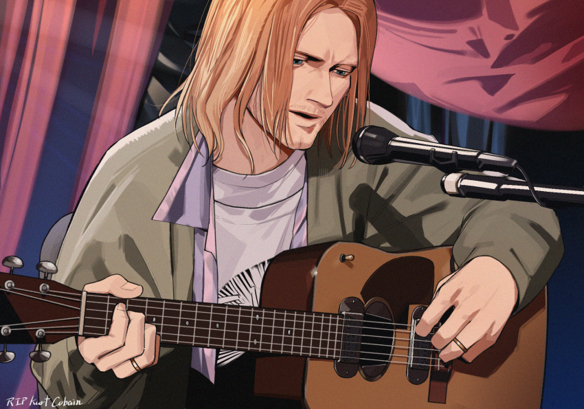 1boy, acoustic_guitar, blue_eyes, brown_hair, character_name, commentary, curtains, facial_hair, grey_jacket, guitar, highres, holding, holding_instrument, instrument, jacket, jewelry, kurt_cobain, left-handed, long_sleeves, looking_down, male_focus, medium_hair, microphone, microphone_stand, music, mustache, nirvana_(band), open_clothes, open_jacket, open_mouth, playing_instrument, real_life, rest_in_peace_(phrase), ring, shirt, signal_1120, singing, solo, stubble, upper_body, white_shirt