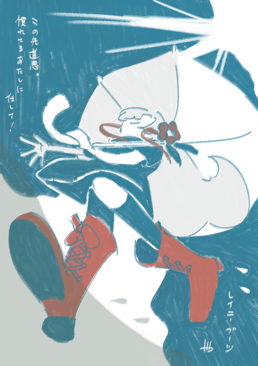 1girl, aqua_background, asymmetrical_legwear, black_dress, boots, closed_mouth, commentary_request, cross-laced_footwear, dress, faceless, faceless_female, floating_hair, flower, from_below, grey_hair, highres, holding, holding_umbrella, isekai_joucho, kamitsubaki_studio, kneehighs, limited_palette, long_bangs, long_hair, lyrics, multicolored_hair, outstretched_arm, over_shoulder, rainy_boots_(vocaloid), red_flower, red_footwear, redhead, sano_(sano2022), short_dress, short_sleeves, sidelocks, signature, single_kneehigh, single_sock, smile, socks, solo, song_name, streaked_hair, umbrella, uneven_legwear, virtual_youtuber, water_drop