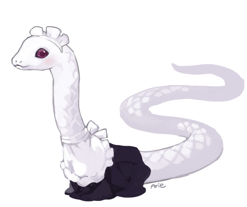 albino, alternate_costume, animal, animal_focus, apron, arie_game, changsheng_(genshin_impact), clothed_animal, enmaided, frills, genshin_impact, highres, maid, maid_headdress, no_humans, red_eyes, signature, simple_background, snake, solo, white_apron, white_background, white_snake