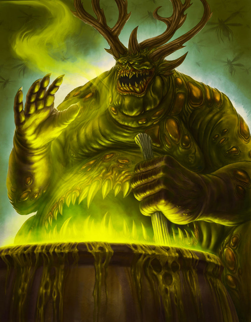 1boy, absurdres, bloated, bmurphy, body_horror, bug, cauldron, chaos_(warhammer)