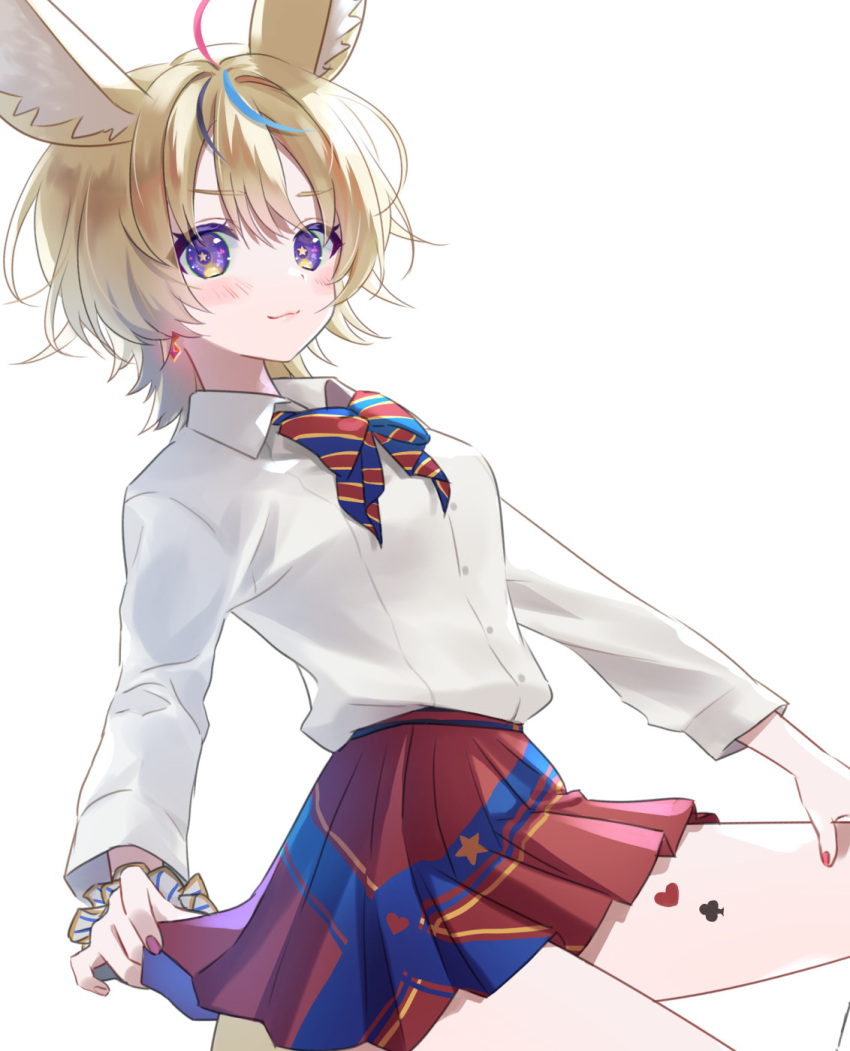 1girl, animal_ear_fluff, animal_ears, black_hair, blonde_hair, blue_bow, blue_bowtie, blue_hair