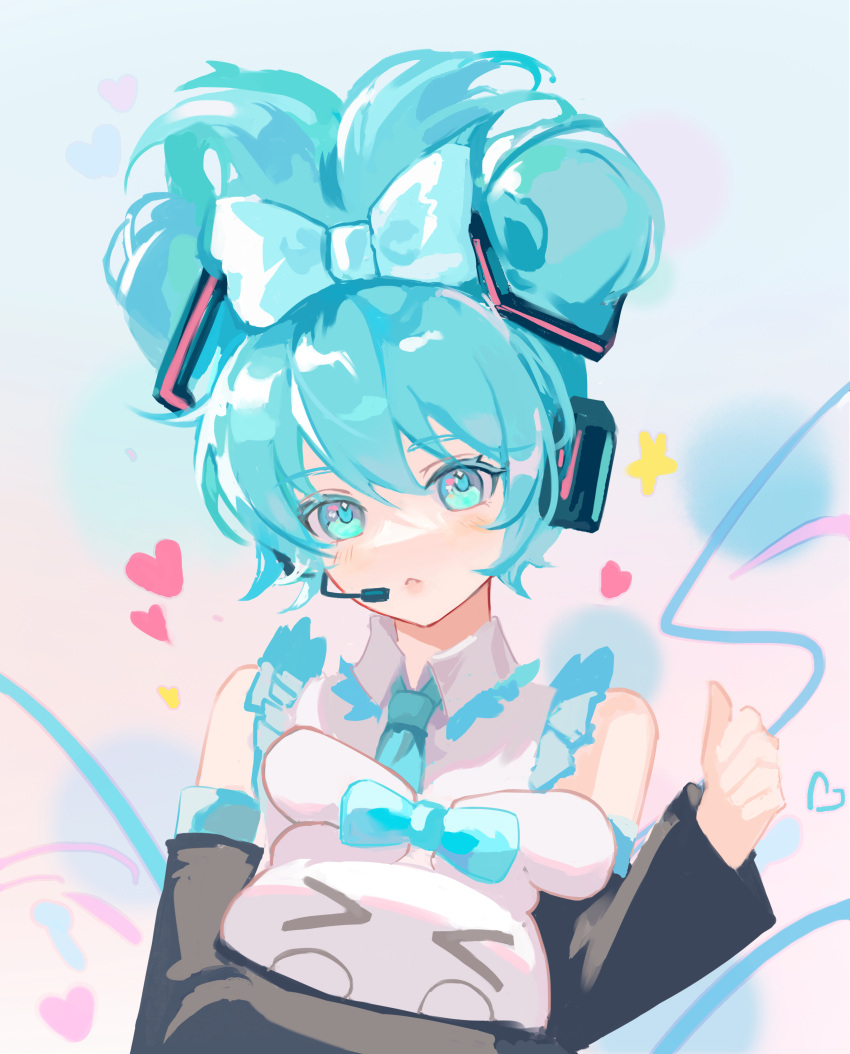 >_<, 1girl, absurdres, aqua_eyes, aqua_hair, aqua_necktie, bare_shoulders, black_sleeves