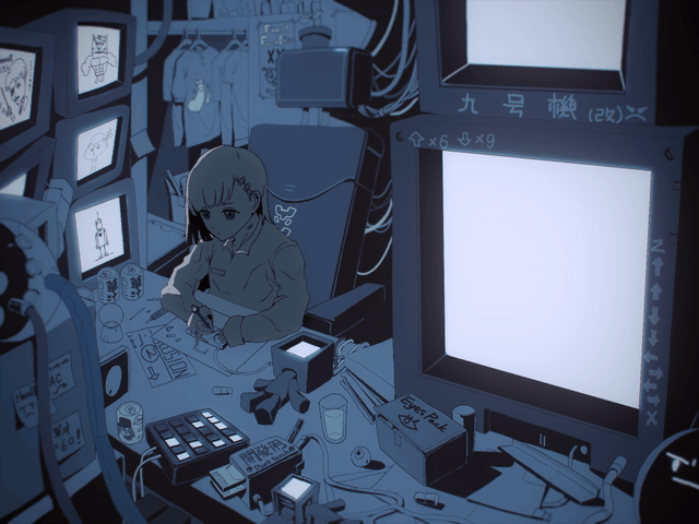 1girl, animated, animated_gif, artist_request, blinking, blue_theme, bob_cut, box, cable, can, cardboard_box, chair, chinese_text, circuit_board, closet, clothes_hanger, clutter, commentary, crt, cup, cytus_ii, dark, desk, drink, english_text, expressionless, game_cg, glowing, hair_ornament, hairclip, holding, holding_cup, indoors, laboratory, long_sleeves, looking_at_object, messy_room, monitor, monochrome, night, nodding, nora_(cytus), office_chair, official_art, pajamas, paper, poster_(object), repairing, robot, screw, screwdriver, shirt, shirt_removed, short_hair, sitting, sleeping, sleeping_upright, sleepy, snow_globe, soda_can, solo, sticky_note, swivel_chair, t-shirt, table, technology, third-party_source, tools, translated, working