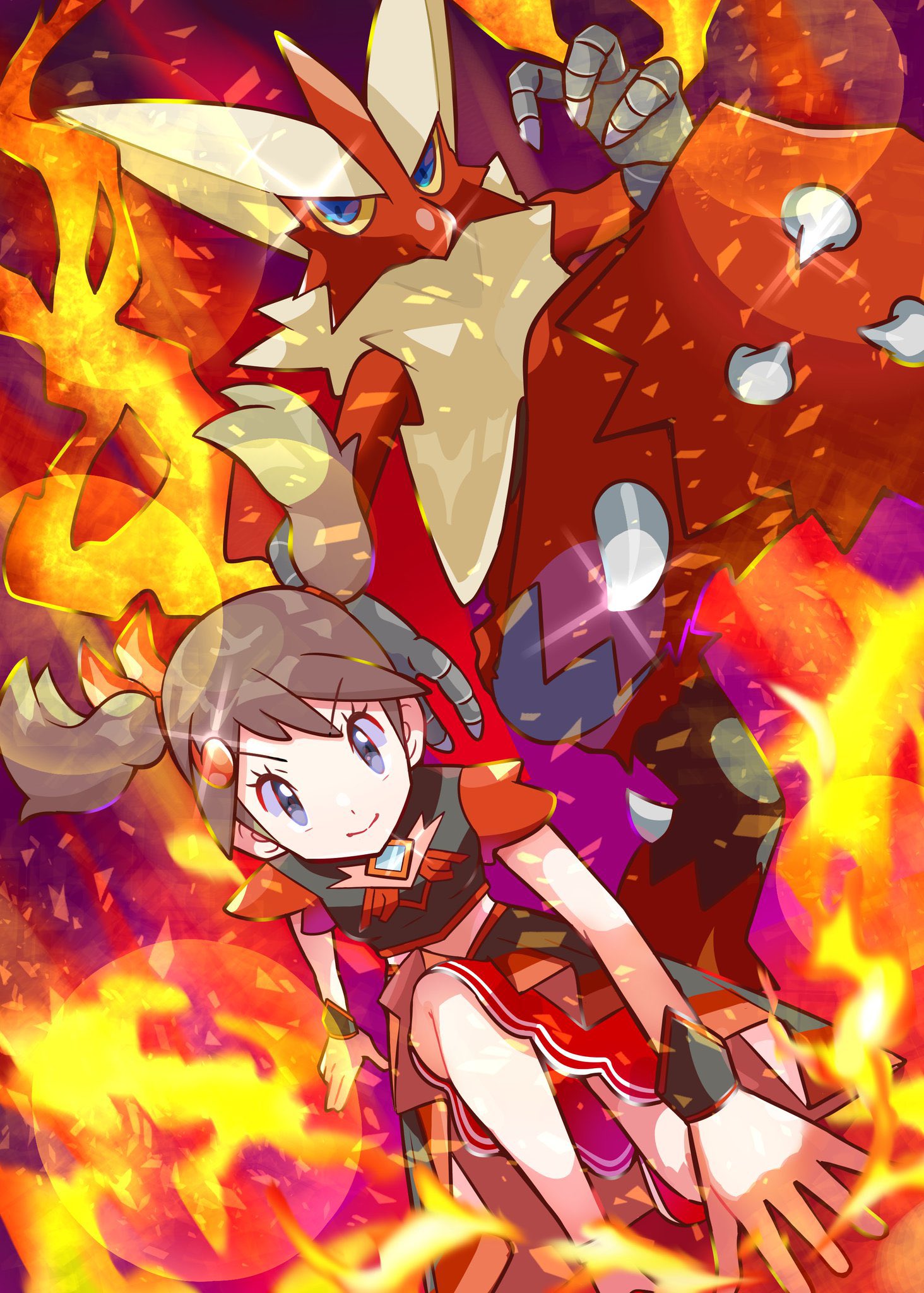 1girl, alternate_costume, black_wristband, blaziken, brown_hair, closed_mouth, fire, grey_eyes