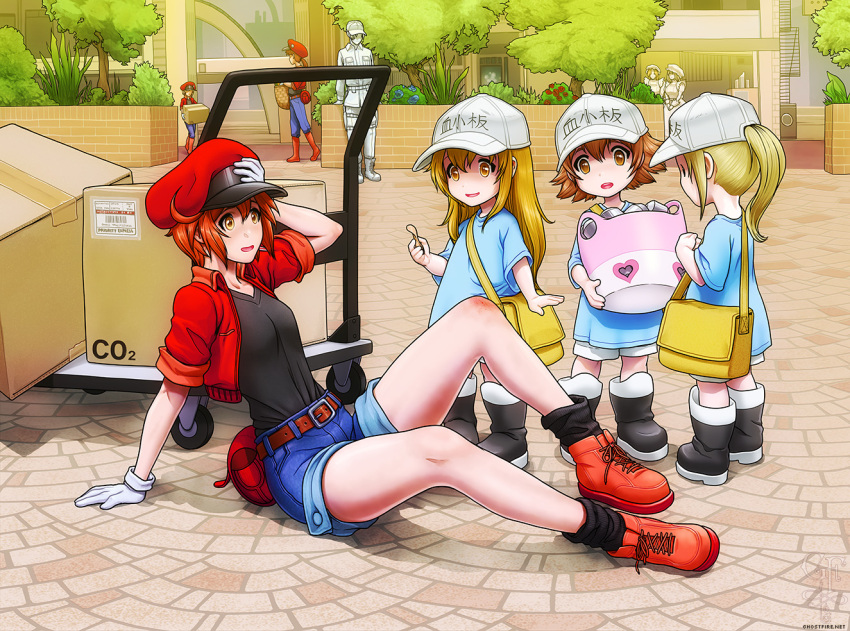 2boys, 6+girls, ae-3803, age_difference, ahoge, apron, arm_support, artist_logo