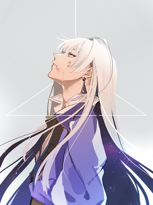 1boy, blood, blood_on_face, blue_eyes, blunt_bangs, cassius_(granblue_fantasy), colored_inner_hair, crying