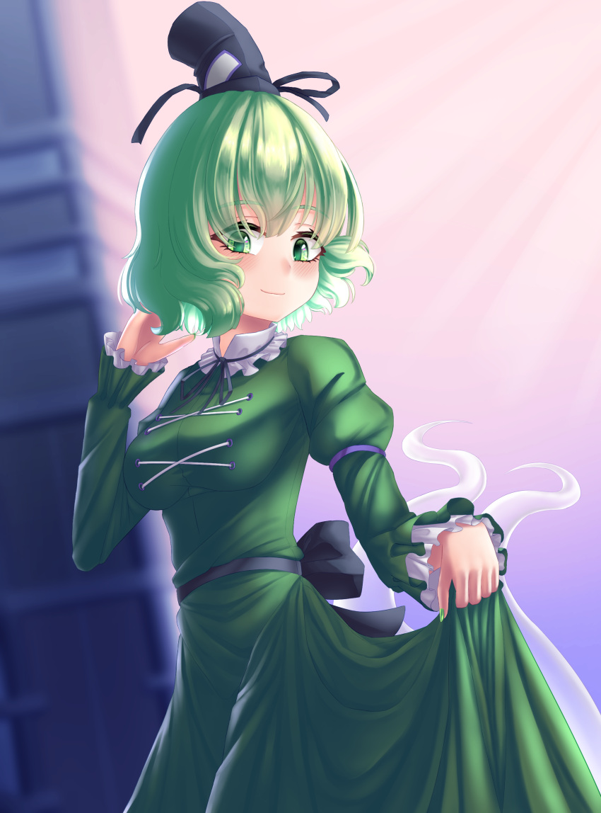 1girl, absurdres, black_headwear, blurry, blurry_background, breasts, clothes_pull, commentary