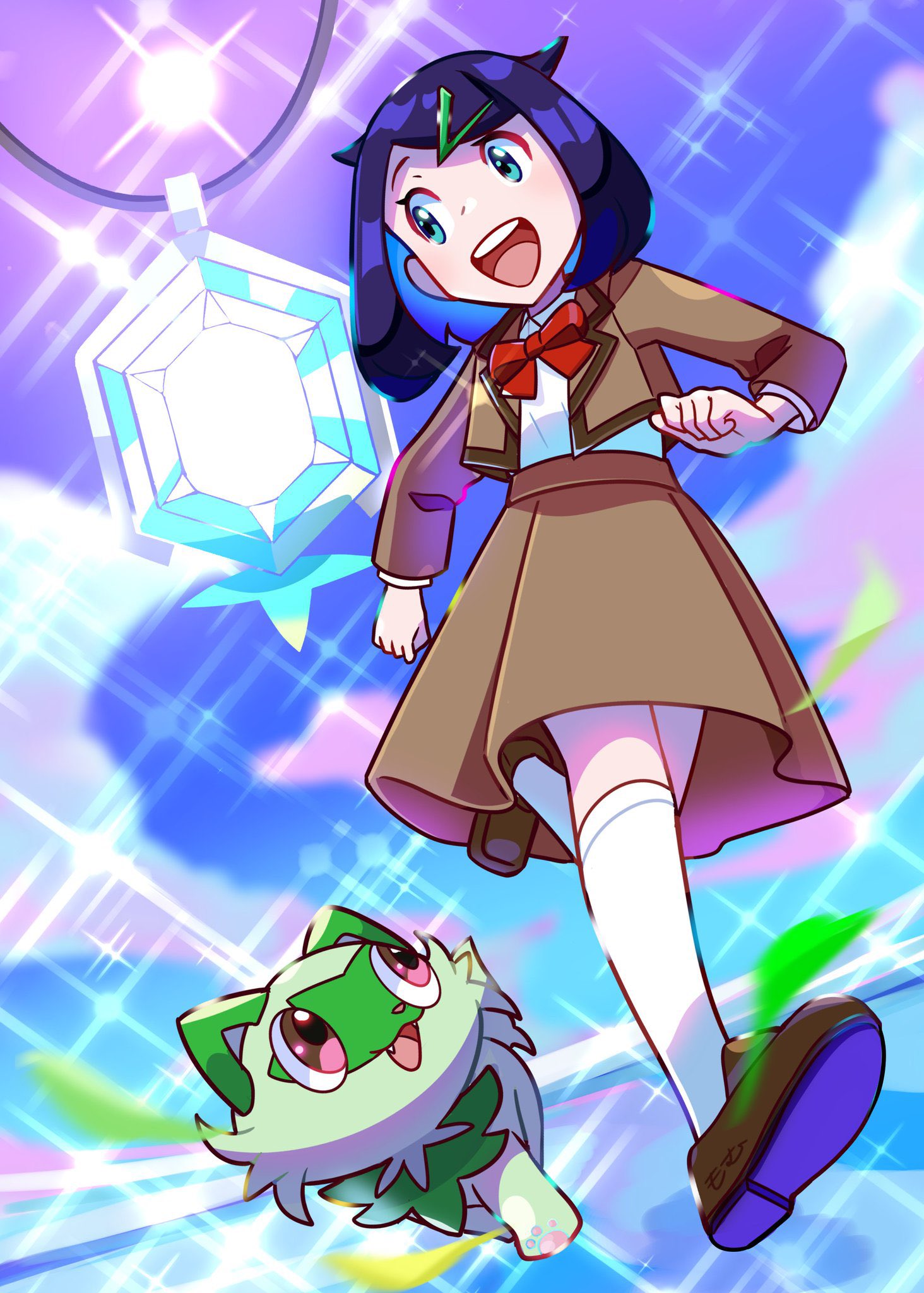 1girl, :d, black_hair, blue_eyes, bow, bowtie, brown_footwear, brown_jacket, brown_skirt, full_body, gem, hair_ornament, hairclip, highres, indigo_academy_uniform, jacket, jewelry, kneehighs, leg_up, liko_(pokemon), long_sleeves, monaka_mom, necklace, open_clothes, open_jacket, open_mouth, pokemon, pokemon_(anime), pokemon_horizons, red_bow, red_bowtie, shirt, short_hair, skirt, smile, socks, sprigatito, teeth, upper_teeth_only, white_shirt, white_socks